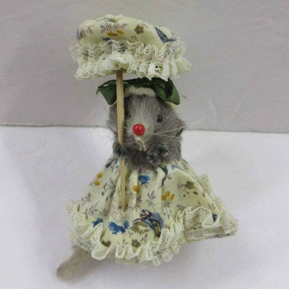 Original Fur Toy Mouse West Germany Floral & Lace Dress With Parasol Vintage